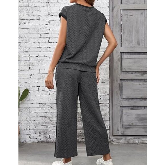 NEW SHEWIN 2 Pc. Lounge Tracksuit Set - Cap Sleeve Pullover/Wide Leg Pant - GRAY - Picture 3 of 5